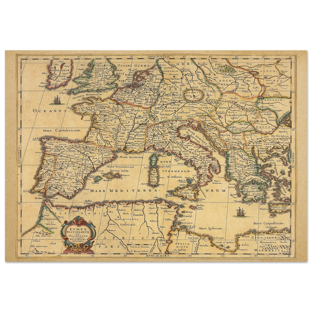 Ancient Europe map print from 1650. Lumen Historiarum per Occidentem by Petrus Kaerius