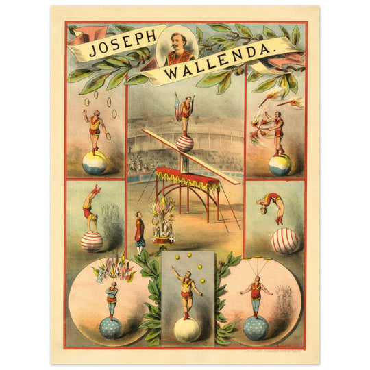 Old vintage circus print reproduction. Joseph Wallenda acrobat.