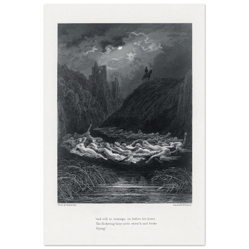 Gustave Dore illustration of King Arthur legend . The Fairy Circle. From the book Idylls of the King by Alfred Tennyson.