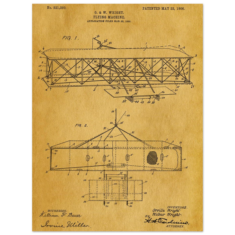 Flying machine patent 1906 by the Wright brothers. Vintage airplane.