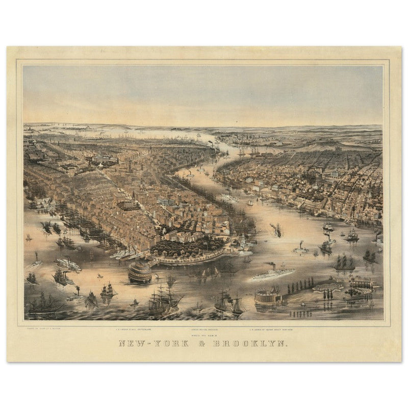 New York City aerial view. 1852 Vintage antique map reproduction.