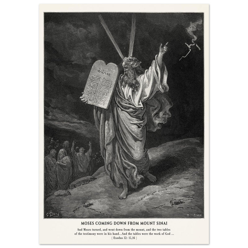 Gustave Dore The Bible engraving print . Moses coming down from Mount Sinai .