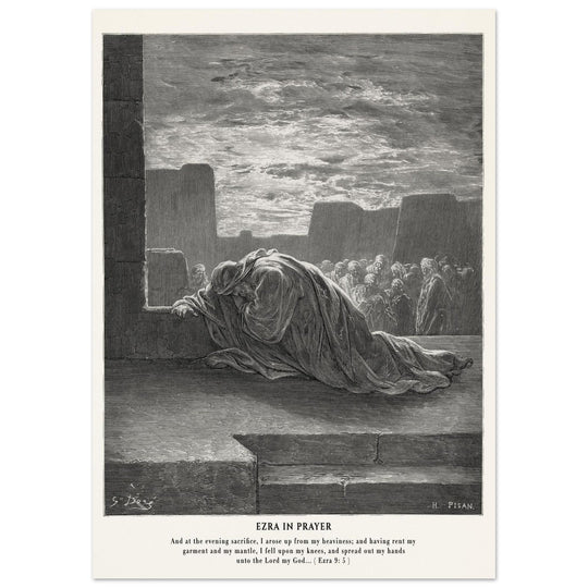 Gustave Dore The Bible engraving print . Ezra in prayer illustration .