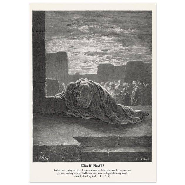 Gustave Dore The Bible engraving print . Ezra in prayer illustration .
