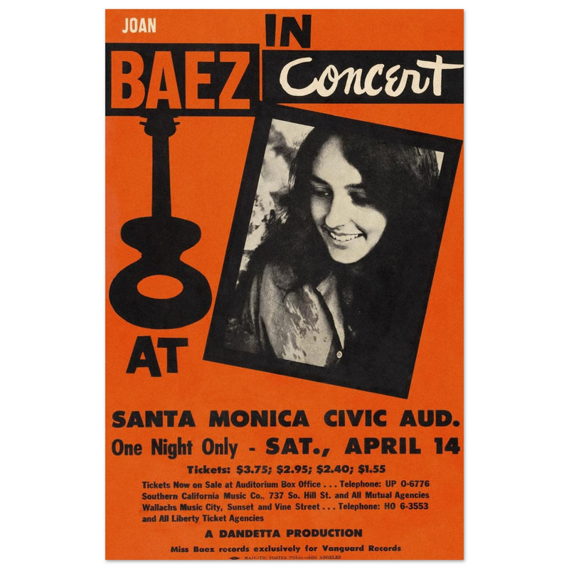 Joan Baez in concert vintage poster . Santa Monica Civic Auditorium in california 1962