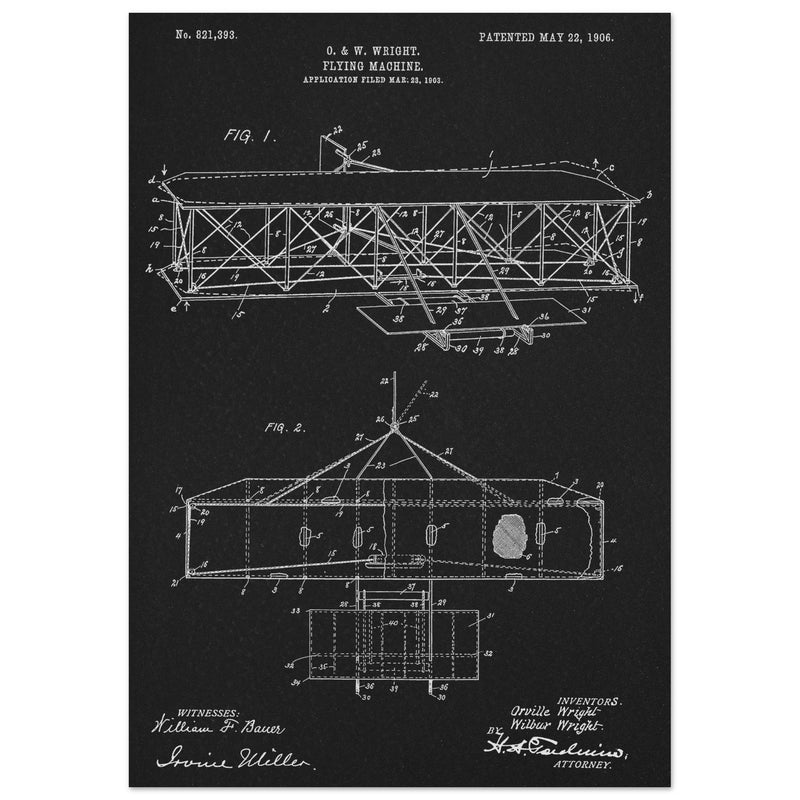 Flying machine patent 1906 by the Wright brothers. Vintage airplane.