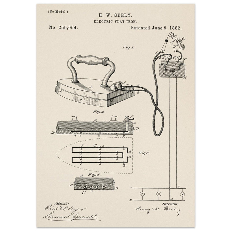 Electric Flat Iron patent by Henry W. Seeley Patent 259.054