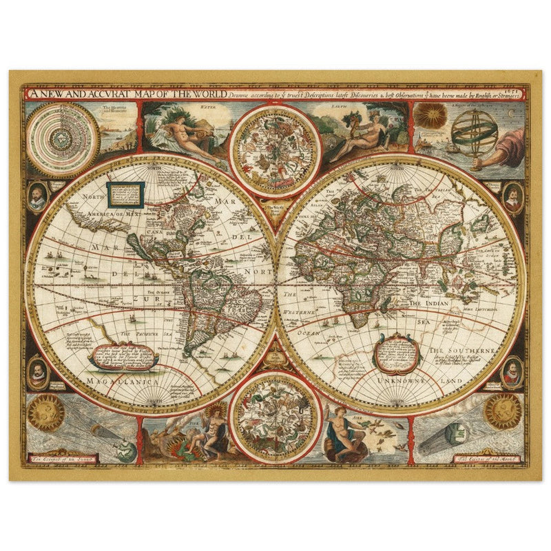 Ancient world map. Beautiful illustrated double sphere cartography of the XVIII Century by Frederick de Wit