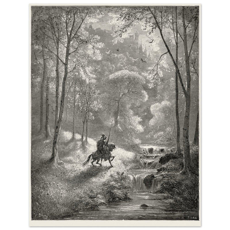 Gustave Dore depiction of knight Don Quixote riding in the countryside in one of his adventures.
