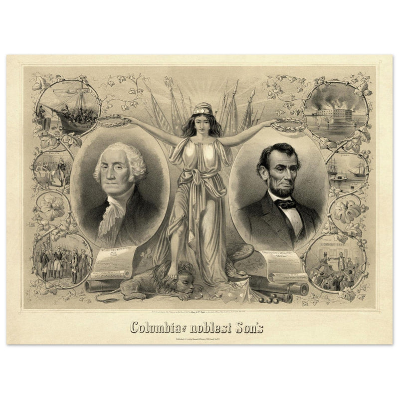 Abraham Lincoln and George Washington. Columbia's noblest sons engraving