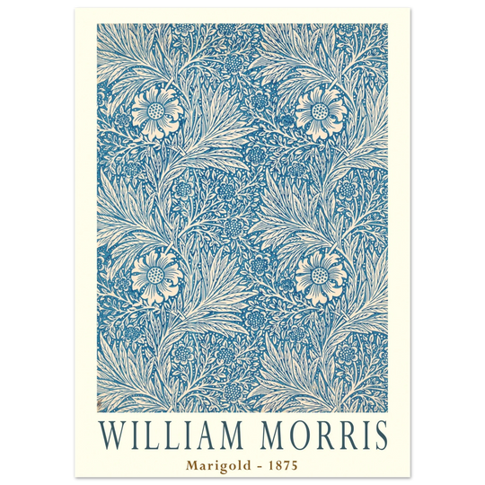William Morris Marigold art print. Vintage wallpaper reproduction. Blue floral pattern.