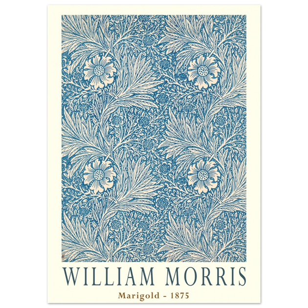 William Morris Marigold art print. Vintage wallpaper reproduction. Blue floral pattern.