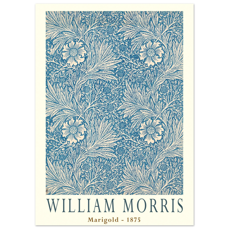 William Morris Marigold art print. Vintage wallpaper reproduction. Blue floral pattern.