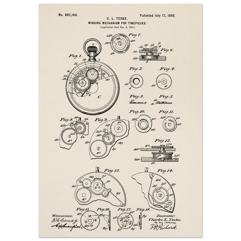 Winding Mechanism for Time Pieces, vintage clock patent .
