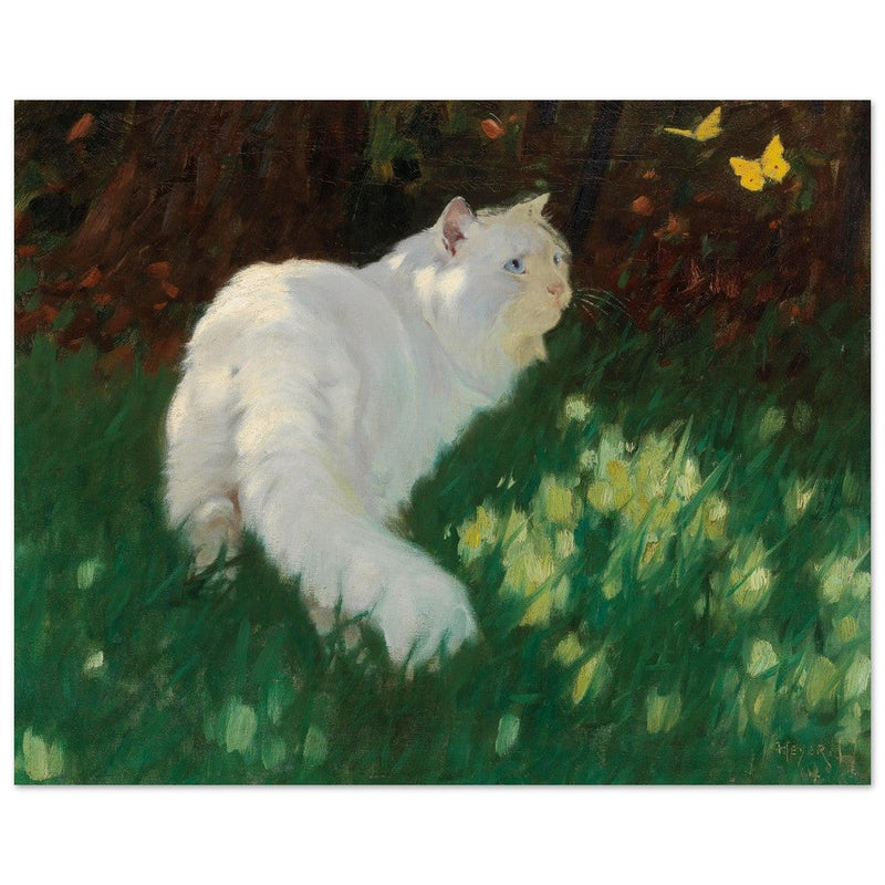 White Cat and Butterflies old painting by Arthur Heyer .