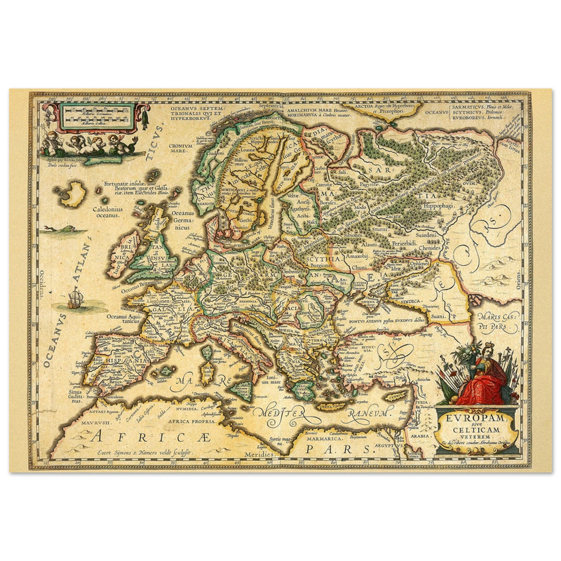 Ancient map of Europe print by Ortelius. Vintage old map reproduction poster..