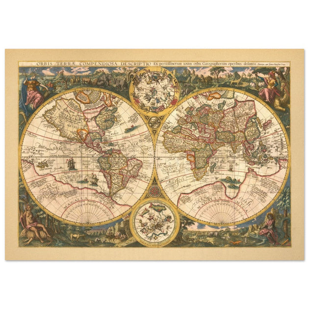1596 World map by Arnold and Hendrik Van Langren. Orbis Terrae Compendiosa map fine art map is a marvel of historic cartography