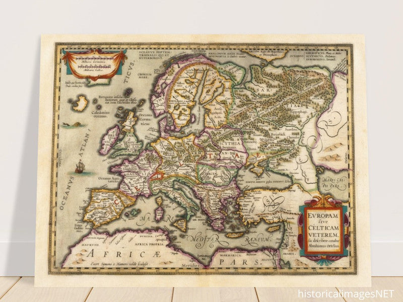 Ancient map of Europe and the Celts. Europam sive Celticam veterem by Abraham Ortelius.