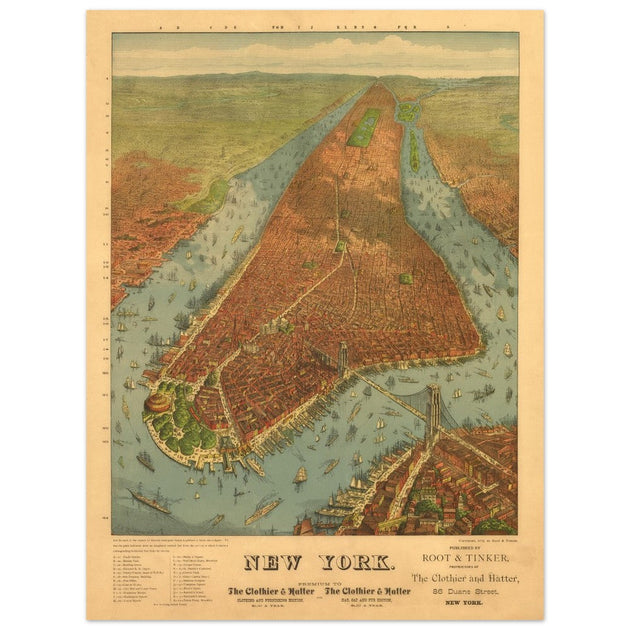 New York City vintage historic aerial view. Antique print  of Manhattan and the Hudson and East river.