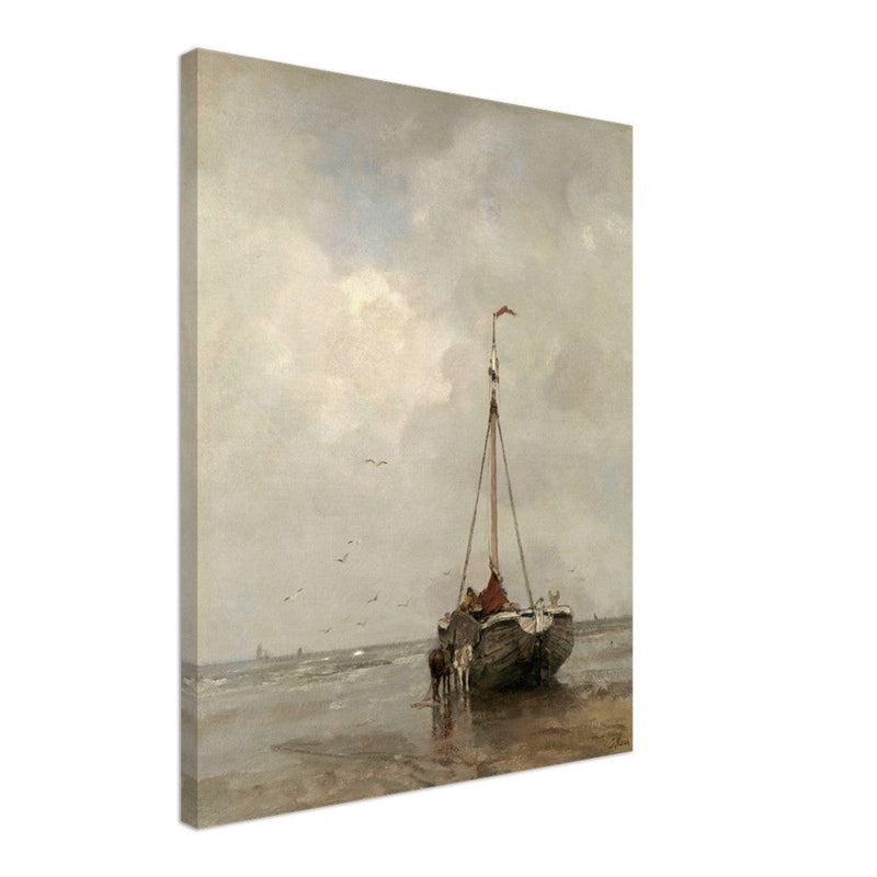Jacob Maris old marine painting Bluff-bowed Fishing Boat on the Beach at Scheveningen.