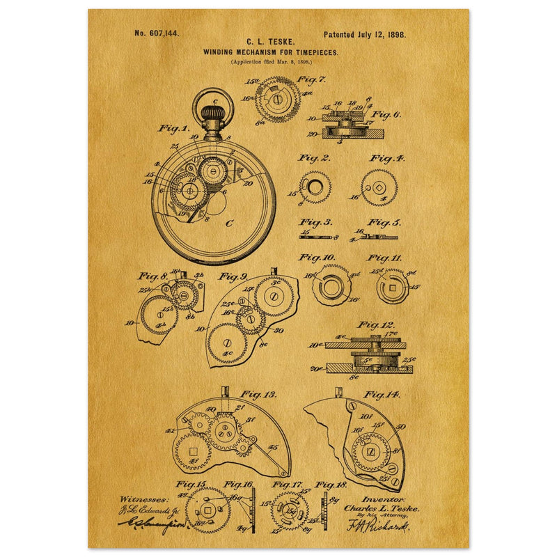 Winding Mechanism for Time Pieces, vintage clock patent .