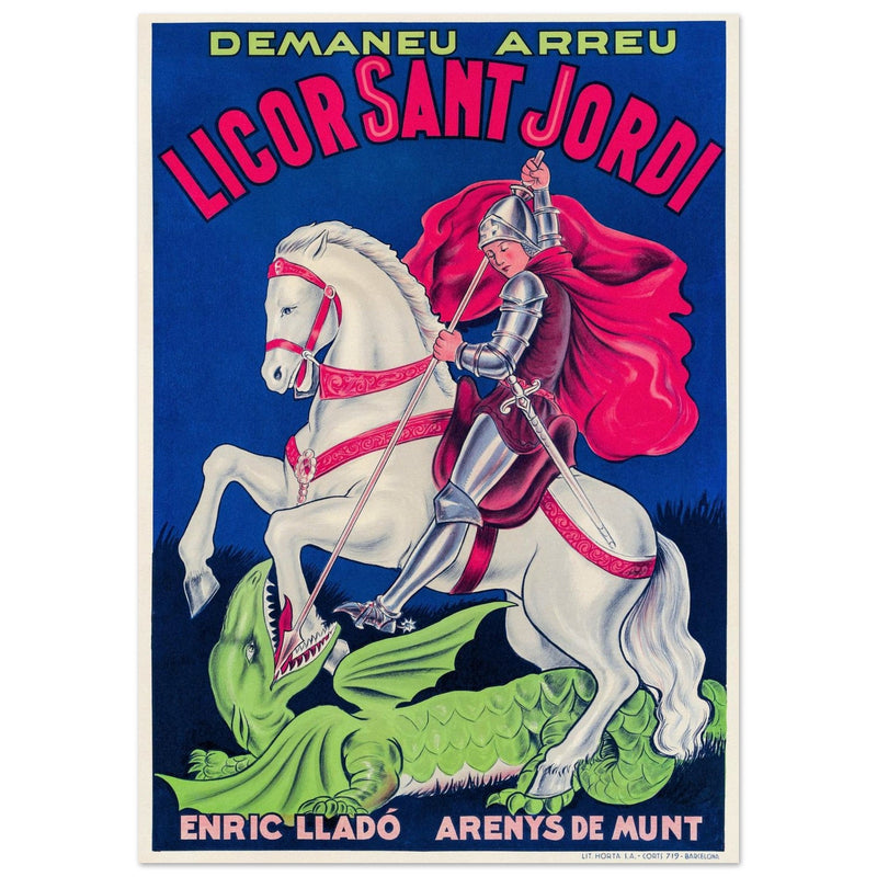 Saint George killing the dragon vintage liquor poster Enric Llado .