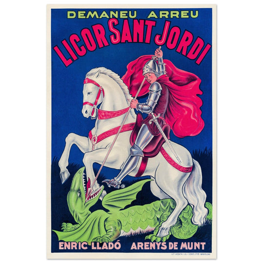Saint George killing the dragon vintage liquor poster Enric Llado .