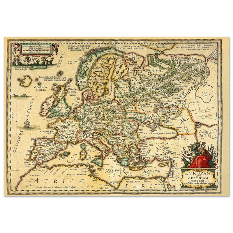 Ancient map of Europe print by Ortelius. Vintage old map reproduction poster..