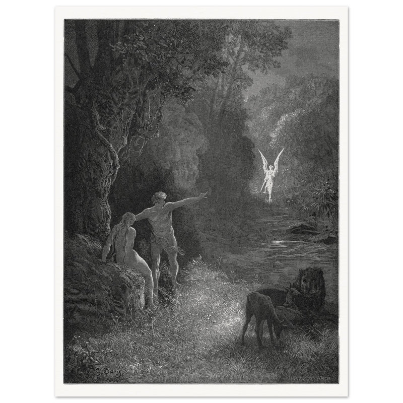Gustave Dore Paradise Lost engraving . Adam and Eve and Archangel Raphael in eden.