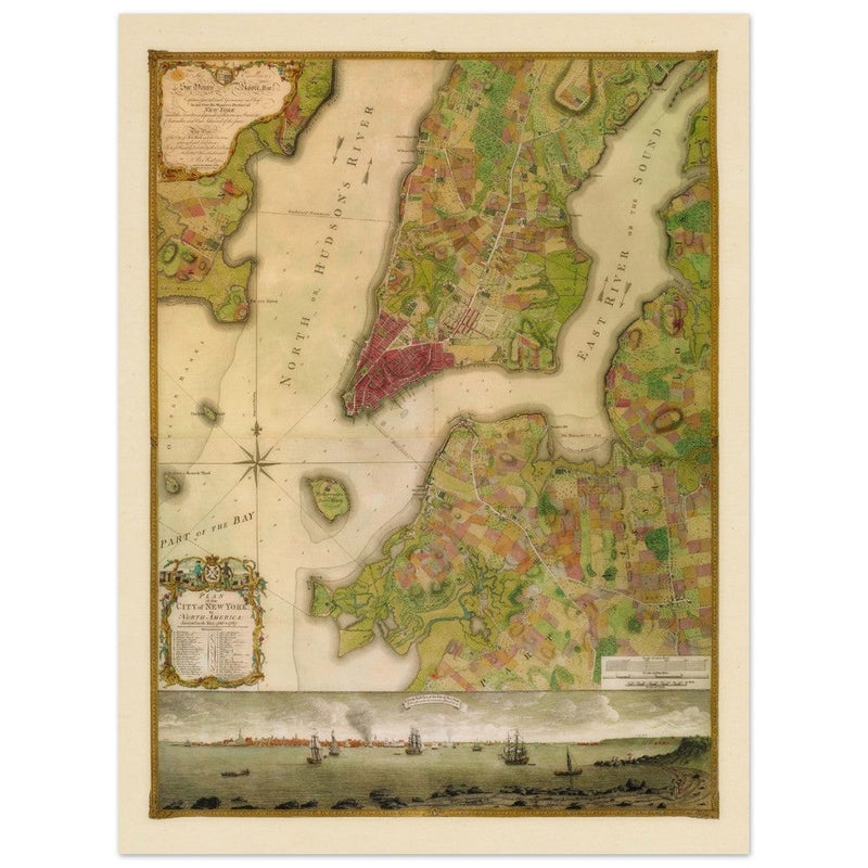 Beautiful antique old map from above of New York City 1770 by Bernad Ratzer