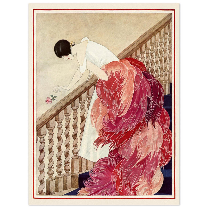 George Wolfe Plank vintage fashion magazine illustration. Woman on staircase throwing down rose flower.