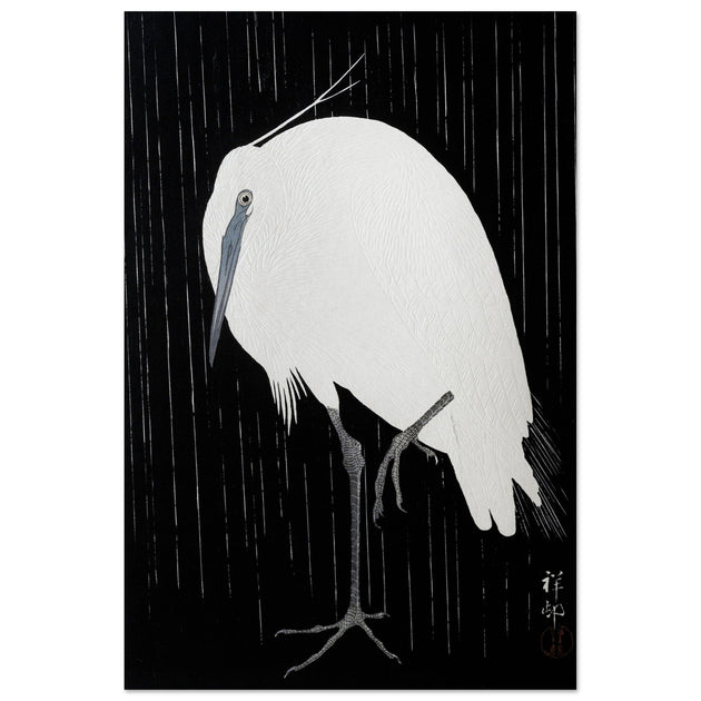 Egret in the rain by Ohara Koson woodblock print