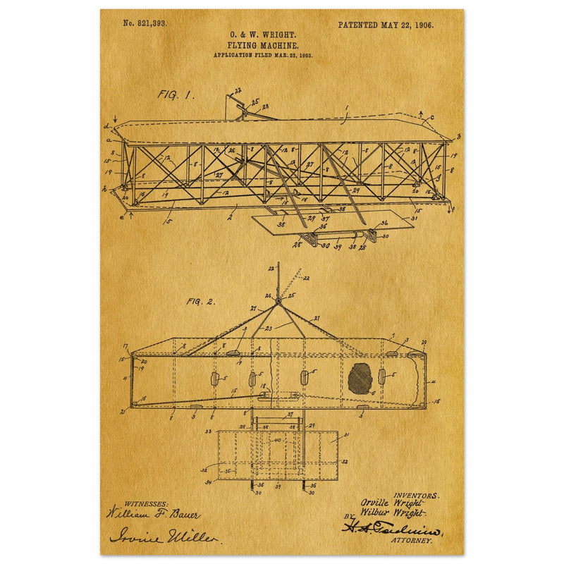 Flying machine patent 1906 by the Wright brothers. Vintage airplane.