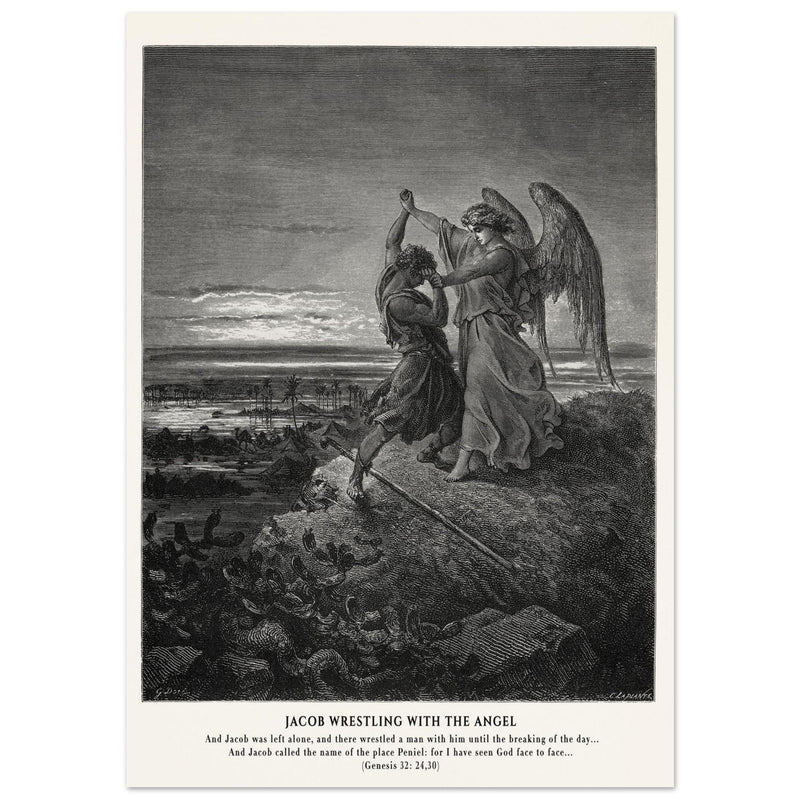 Gustave Dore The Bible engraving print . Jacob wrestling with the angel .