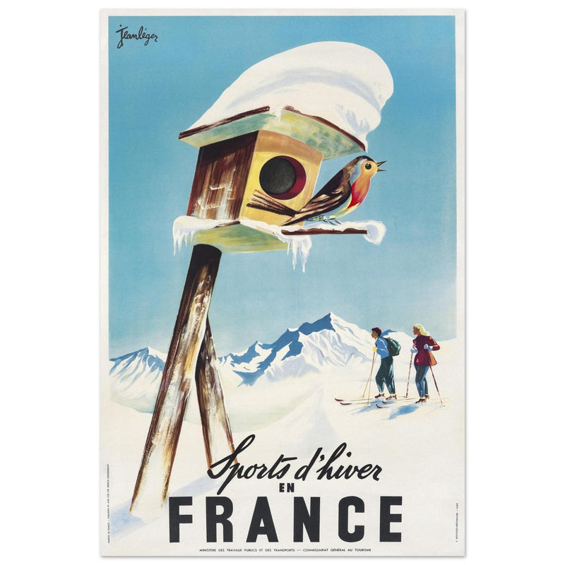 Winter sports in France. Vintage travel advertising poster promoting skiing and other leisure winter activities.