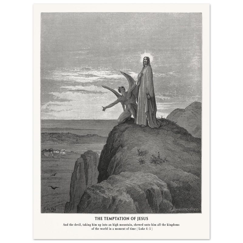 Gustave Dore The Bible engraving print . The temptation of Jesus illustration .
