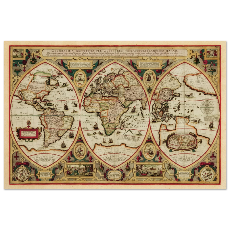 Ancient old world map of 1618. Geographica restituta per globi trientes by Franciscus Haraeus