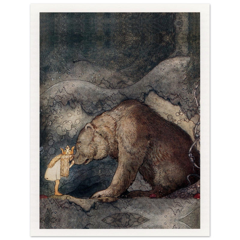 John Bauer the little princess and the bear vintage illustration . From the fairy tale Bella's Glorious Adventure.