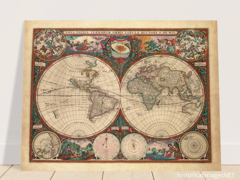1660 Ancient old world map. Double hemisphere antique map reproduction.
