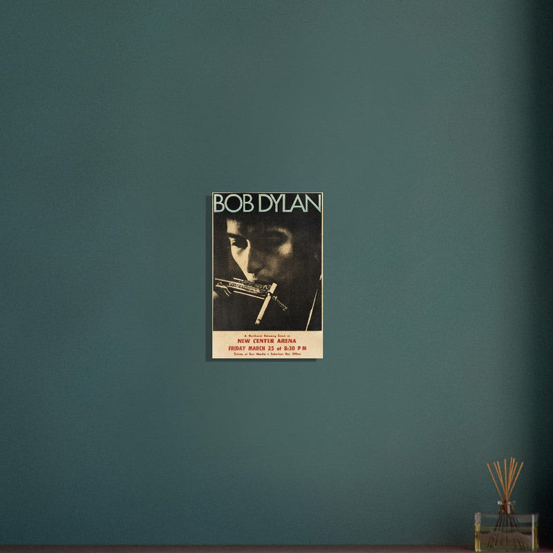 Bob Dylan poster reproduction.  of the poster that announced Bob Dylan playing at the New Center Arena.