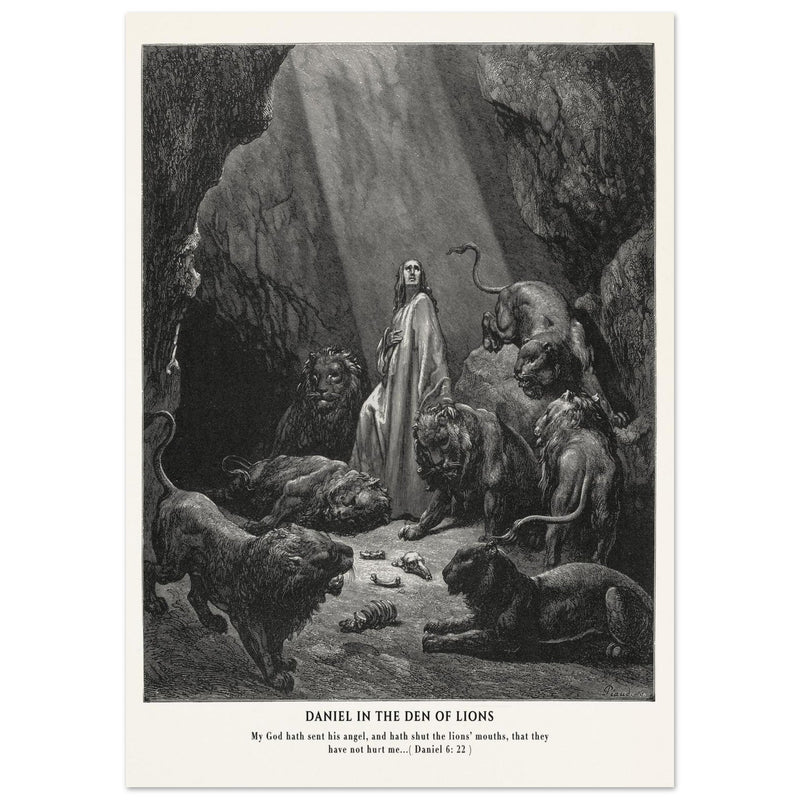 Gustave Dore The Bible engraving print . Daniel in the den of lions illustration .