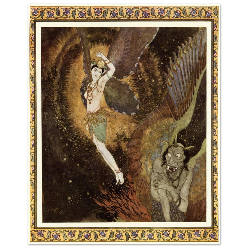 Edmund Dulac and one of his illustration for Princess Badura fairy tale.