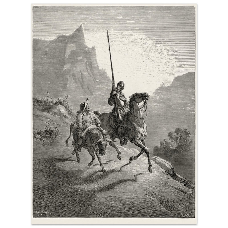 Don Quixote riding with Sancho Panza illustration by Gustave Dore.