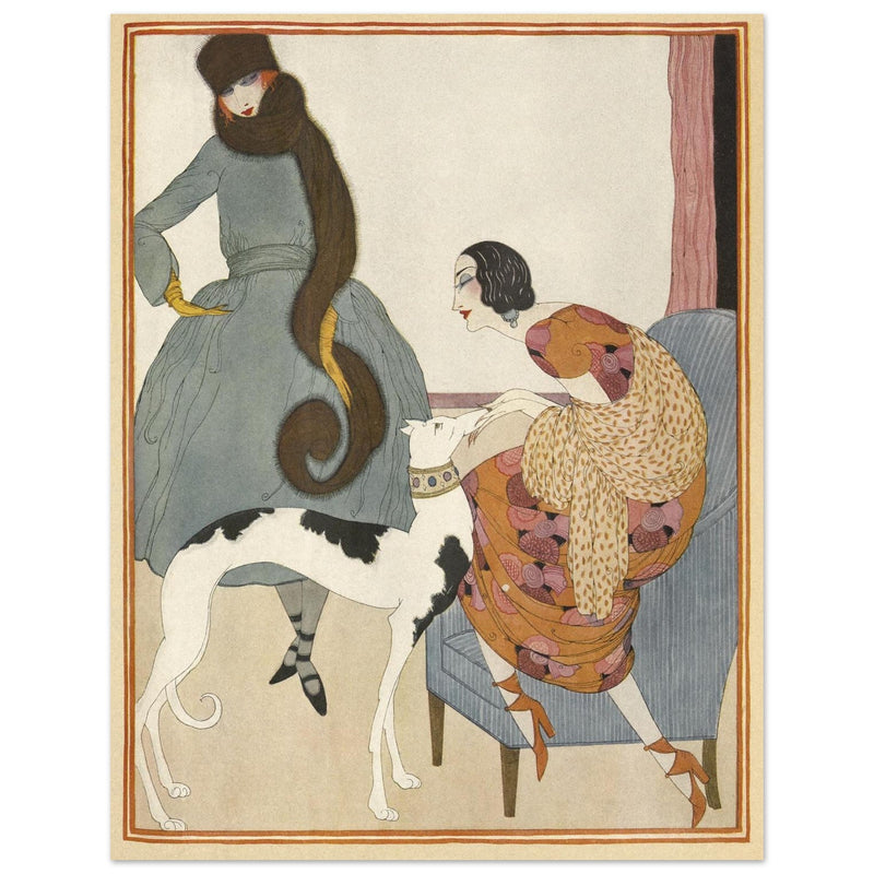 Helen Dryden fashion magazine vintage illustration. Elegant women with dog.