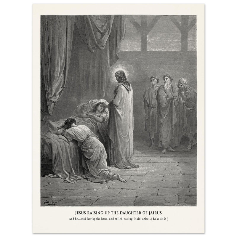 Gustave Dore The Bible engraving print . Jesus raising up the daughter of Jairus miracle .