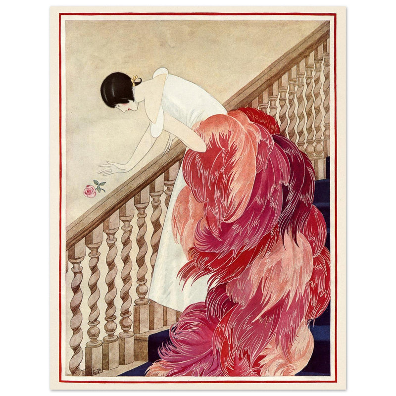 George Wolfe Plank vintage fashion magazine illustration. Woman on staircase throwing down rose flower.