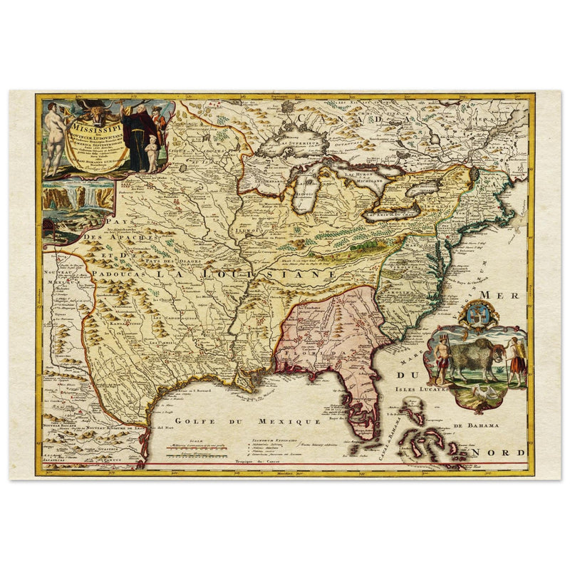 Ancient map of the United Stated Louisiana french region in 1687 by Johan Baptist Homann