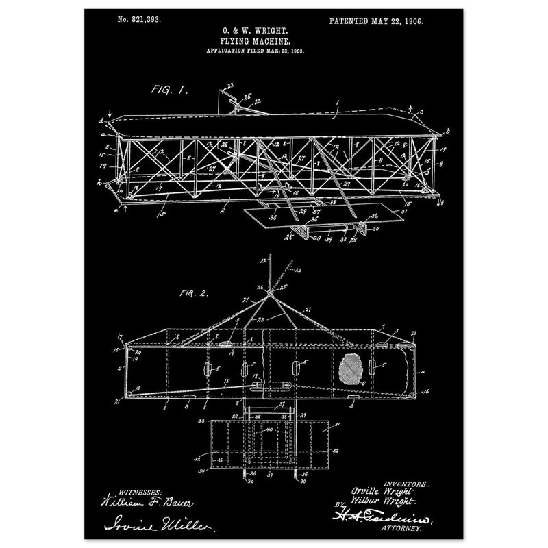 Flying machine patent 1906 by the Wright brothers. Vintage airplane.