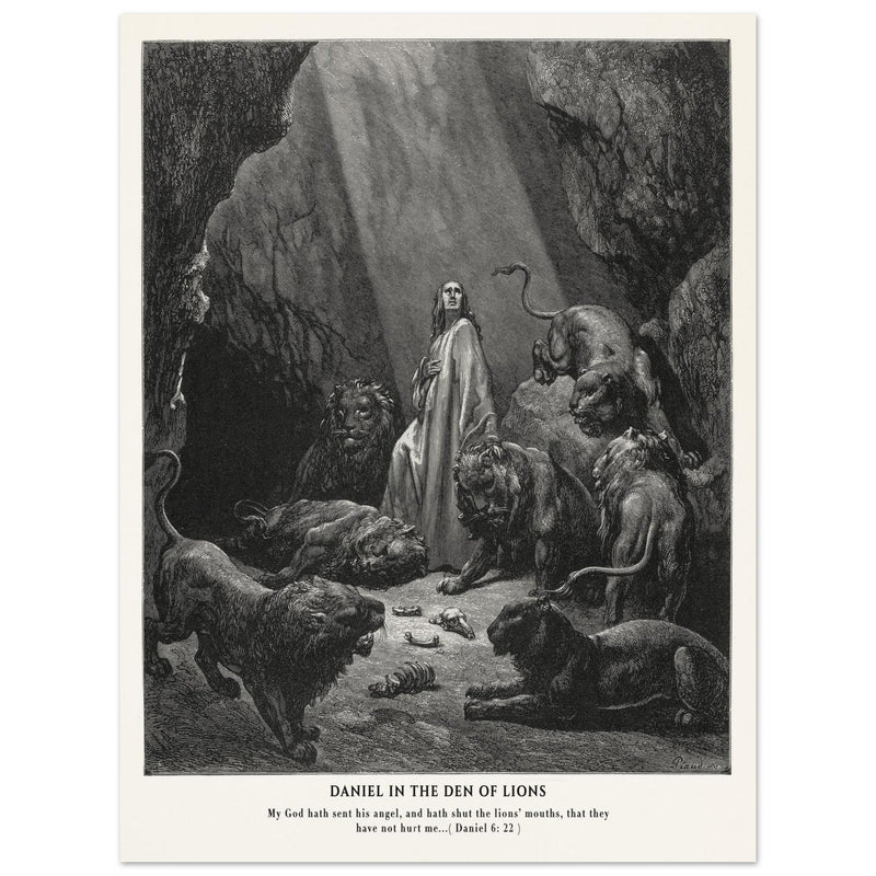 Gustave Dore The Bible engraving print . Daniel in the den of lions illustration .