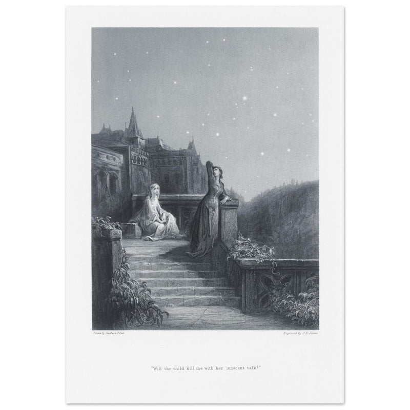 Gustave Dore illustration of King Arthur legend . Terrace scene with Guinevere. From the book Idylls of the King by Alfred Tennyson.